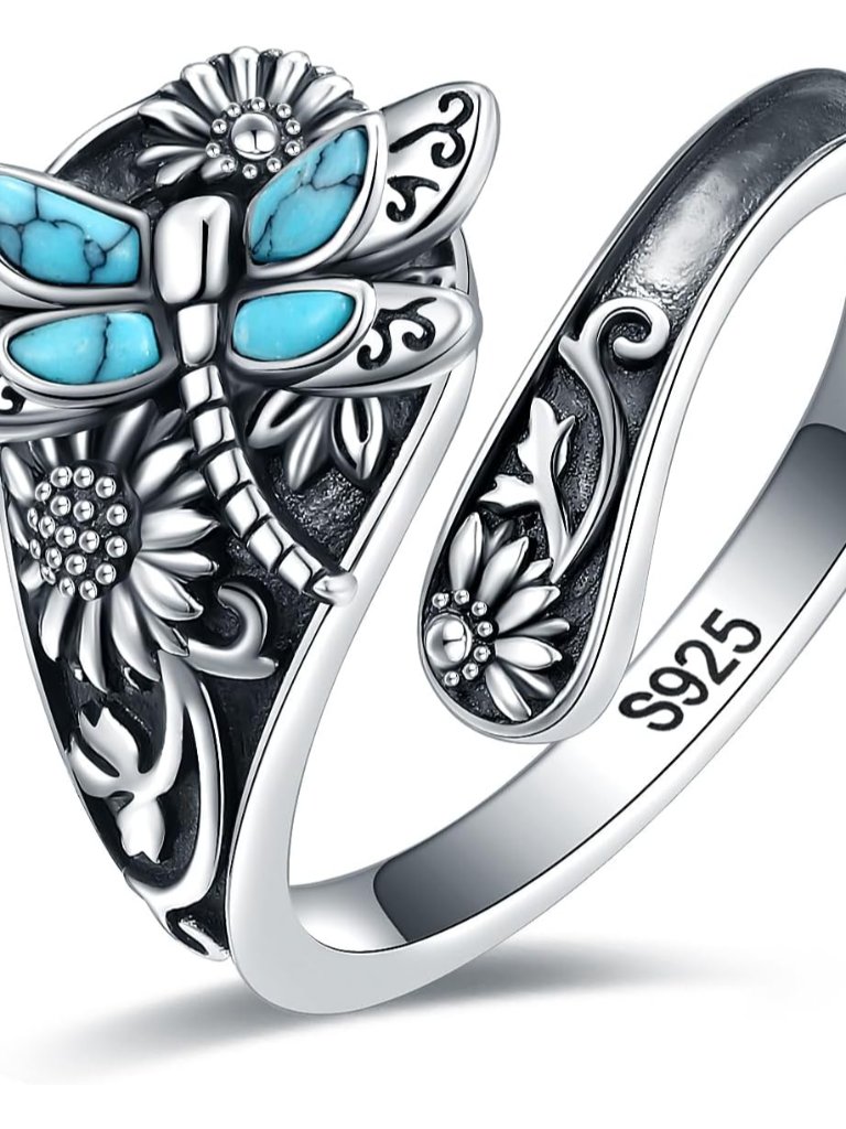 S925-Sterling-Silver Abalone Dragonfly-Turquoise Spoon Ring - Vintage Boho Sunfl